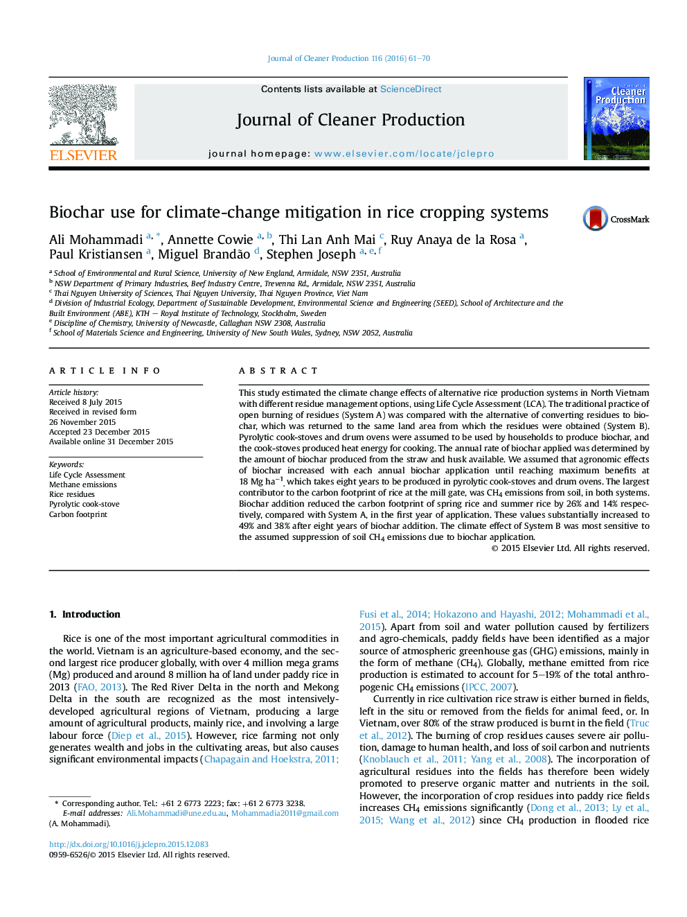 Biochar use for climate-change mitigation in rice cropping systems