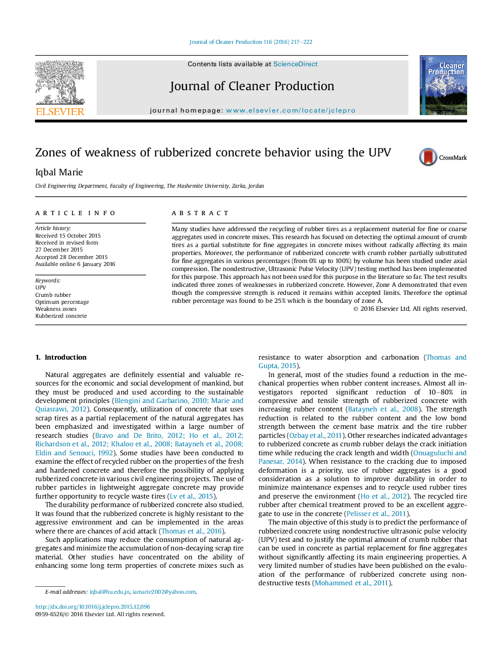 Zones of weakness of rubberized concrete behavior using the UPV