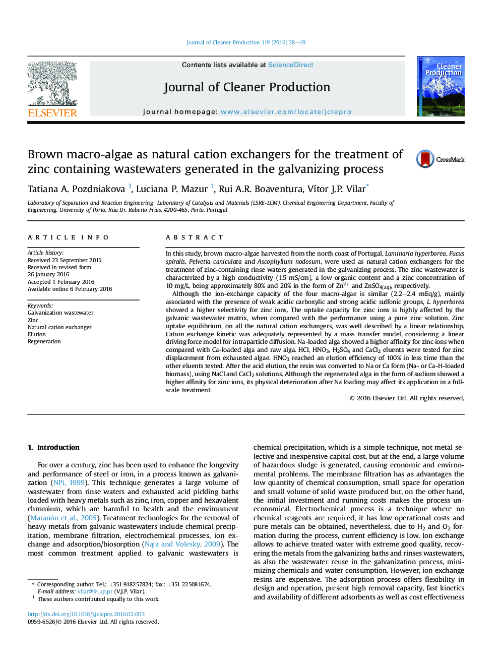 Brown macro-algae as natural cation exchangers for the treatment of zinc containing wastewaters generated in the galvanizing process