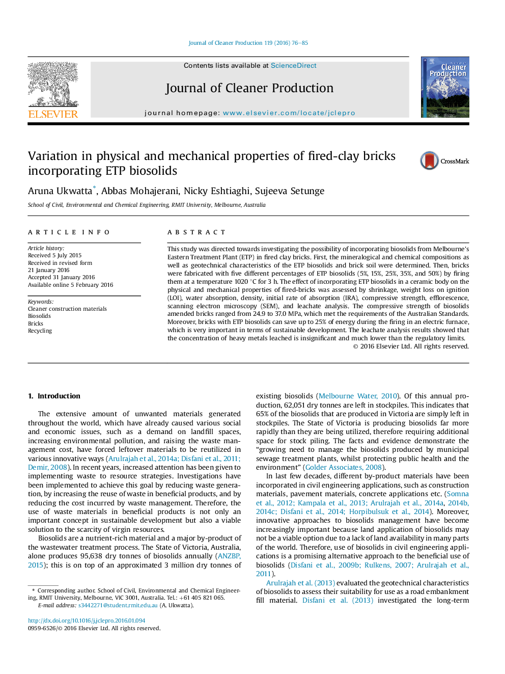 Variation in physical and mechanical properties of fired-clay bricks incorporating ETP biosolids