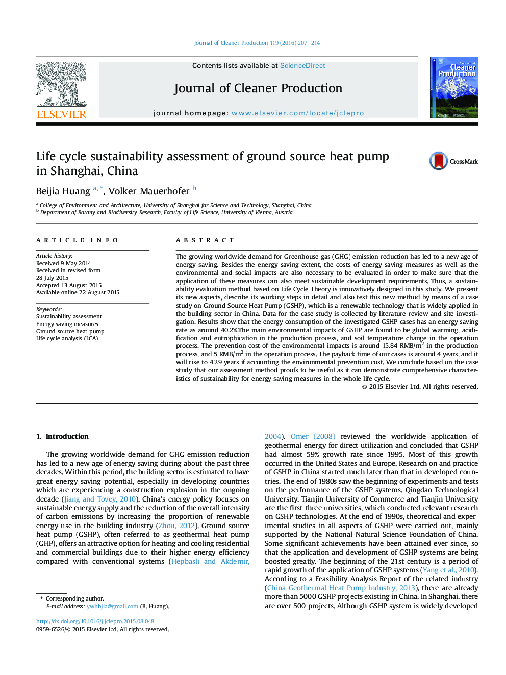 Life cycle sustainability assessment of ground source heat pump in Shanghai, China