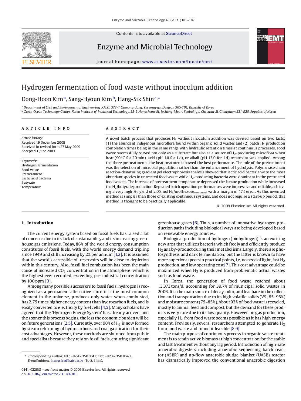 Hydrogen fermentation of food waste without inoculum addition