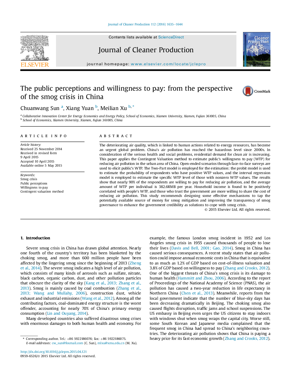 The public perceptions and willingness to pay: from the perspective ofÂ the smog crisis in China