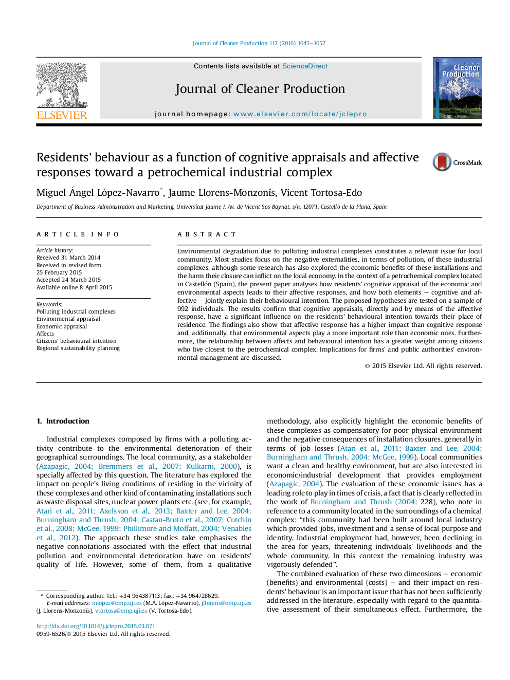 Residents' behaviour as a function of cognitive appraisals and affective responses toward a petrochemical industrial complex