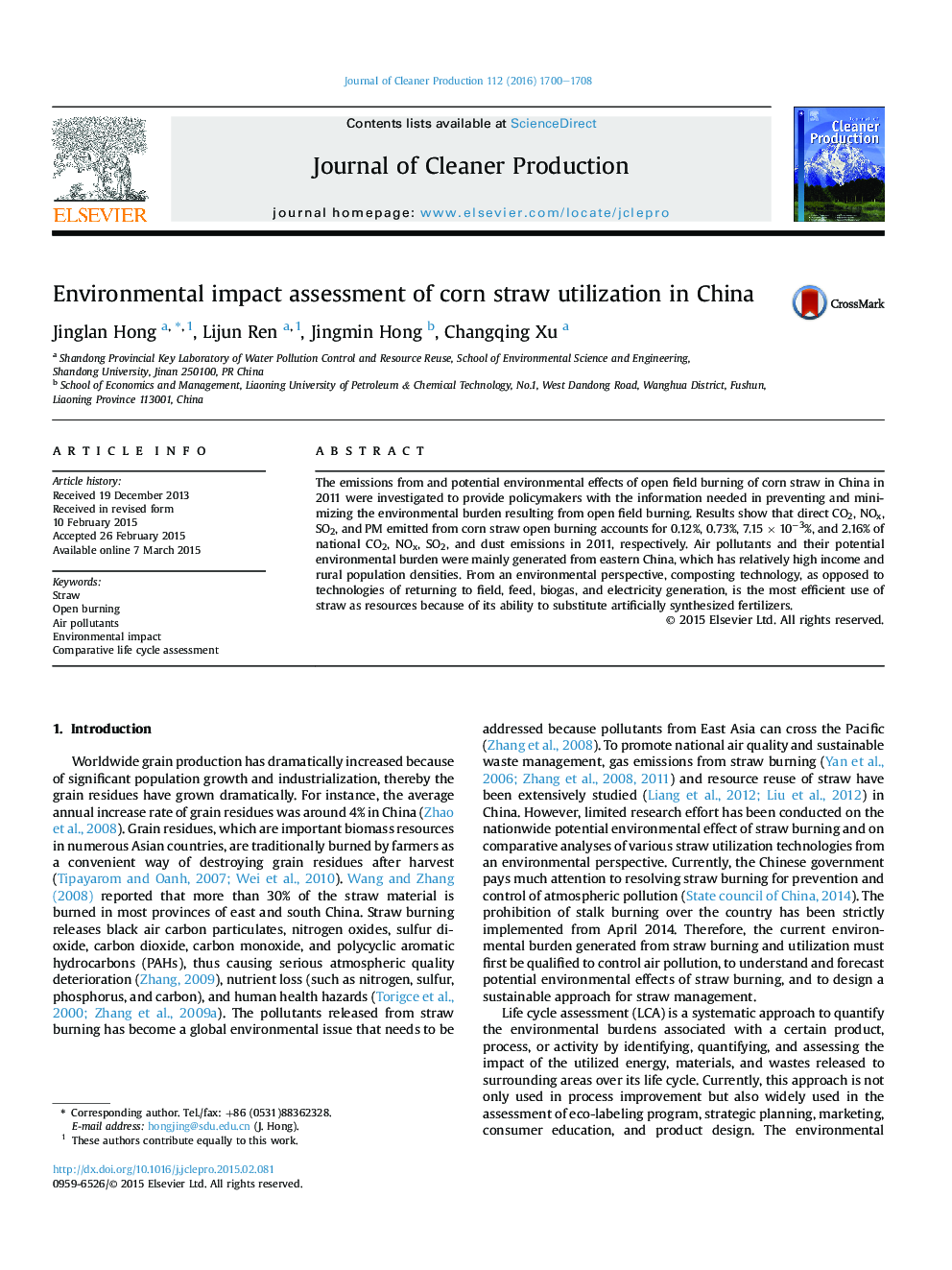 Environmental impact assessment of corn straw utilization in China