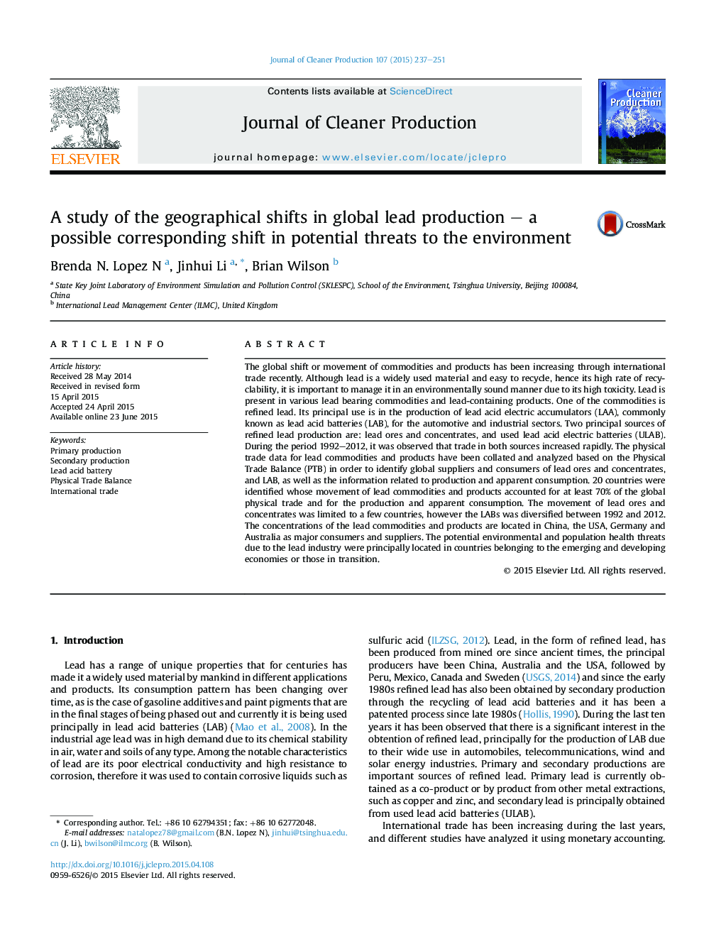 A study of the geographical shifts in global lead production - a possible corresponding shift in potential threats to the environment