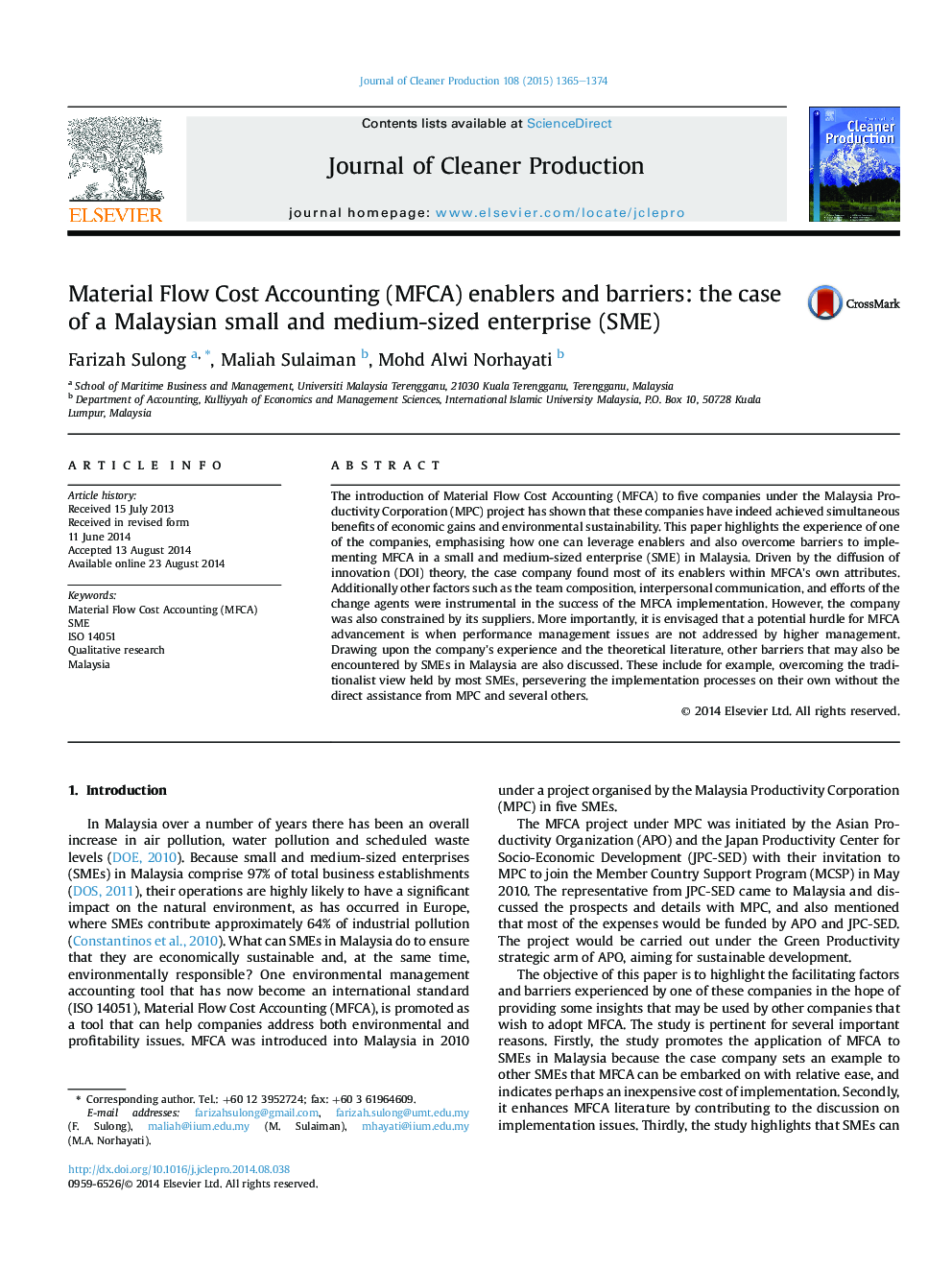 Material Flow Cost Accounting (MFCA) enablers and barriers: the case of a Malaysian small and medium-sized enterprise (SME)