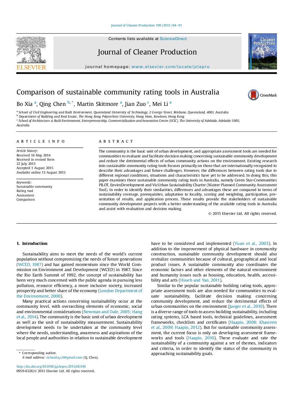 Comparison of sustainable community rating tools in Australia