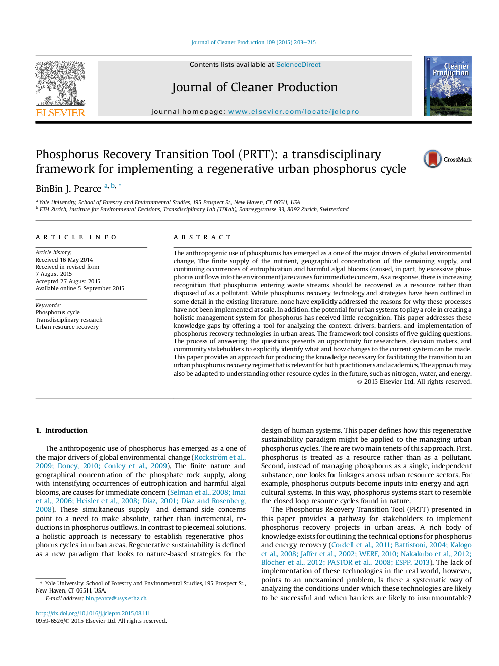 Phosphorus Recovery Transition Tool (PRTT): a transdisciplinary framework for implementing a regenerative urban phosphorus cycle