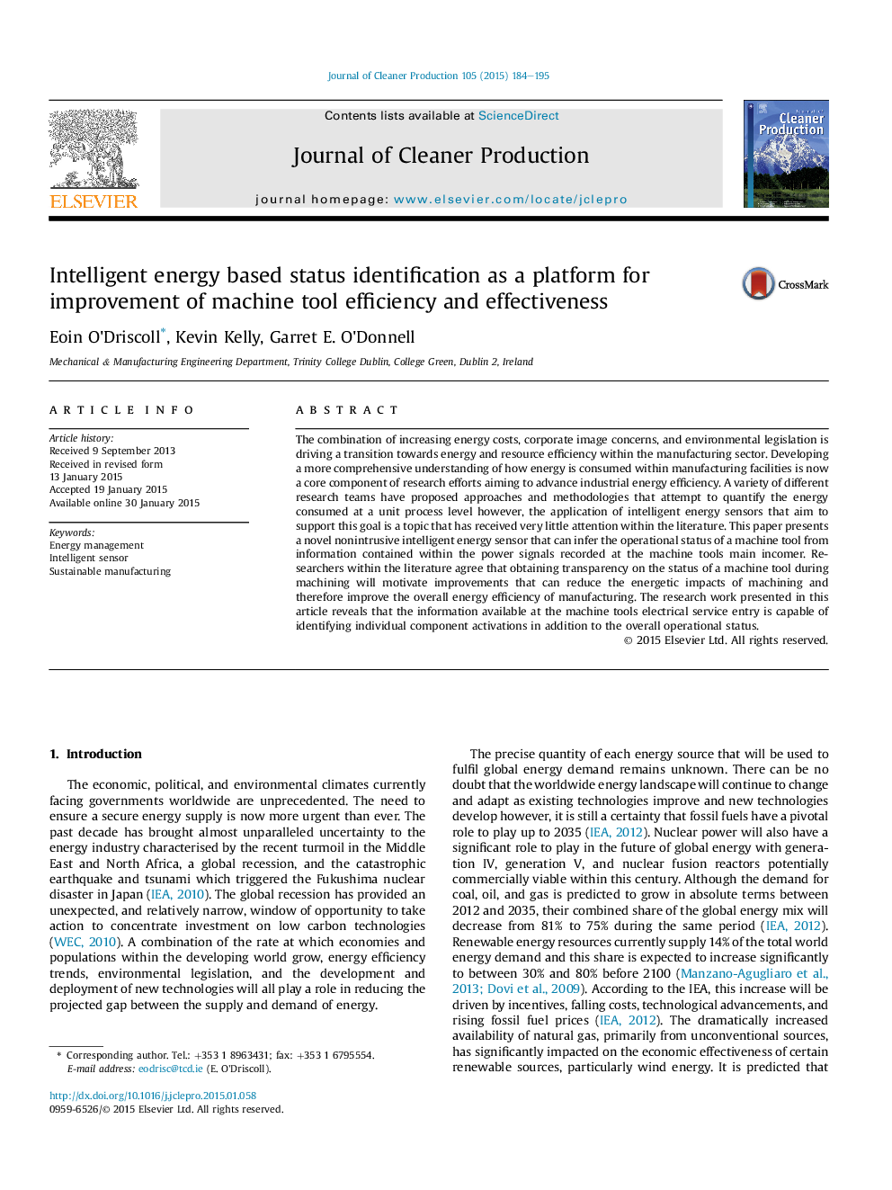 Intelligent energy based status identification as a platform for improvement of machine tool efficiency and effectiveness