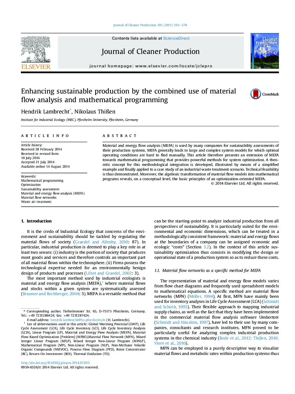 Enhancing sustainable production by the combined use of material flow analysis and mathematical programming