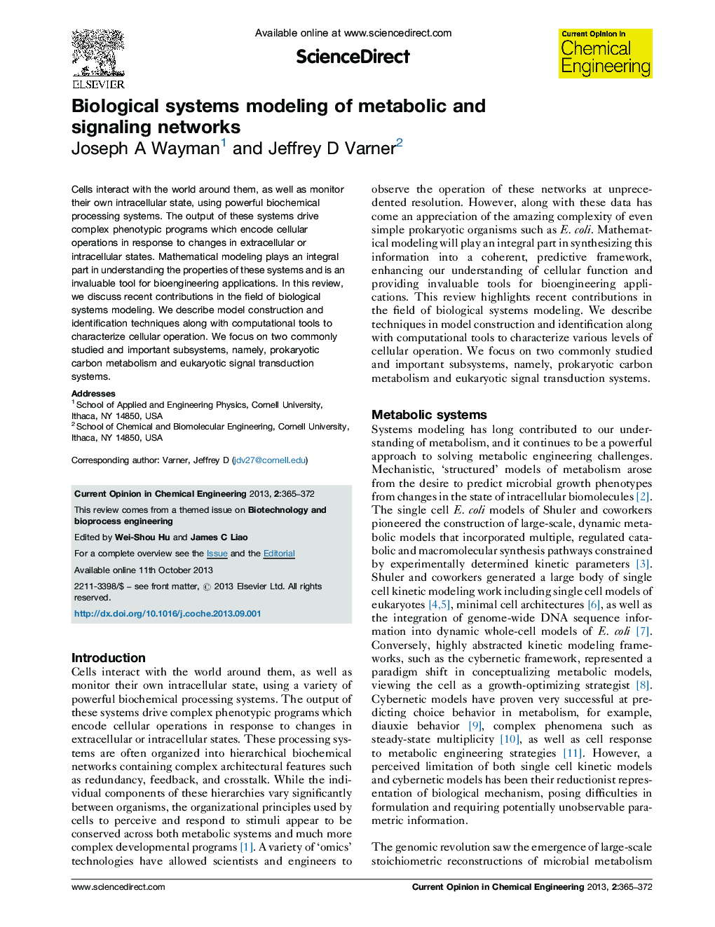 Biological systems modeling of metabolic and signaling networks