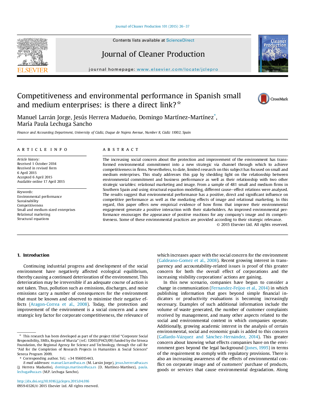 Competitiveness and environmental performance in Spanish small and medium enterprises: is there a direct link?