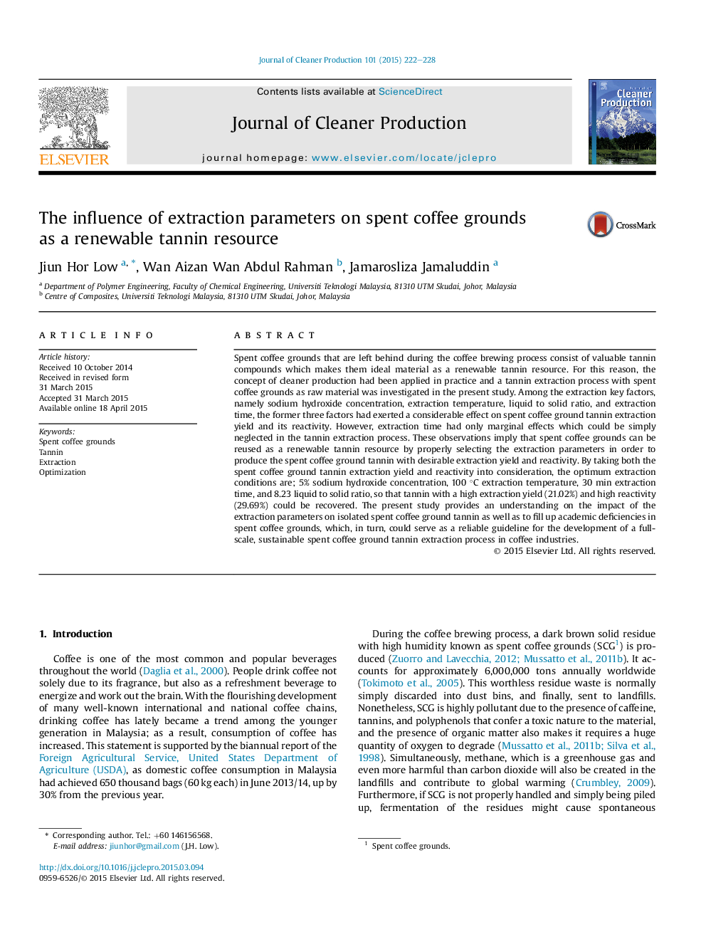 The influence of extraction parameters on spent coffee grounds as a renewable tannin resource