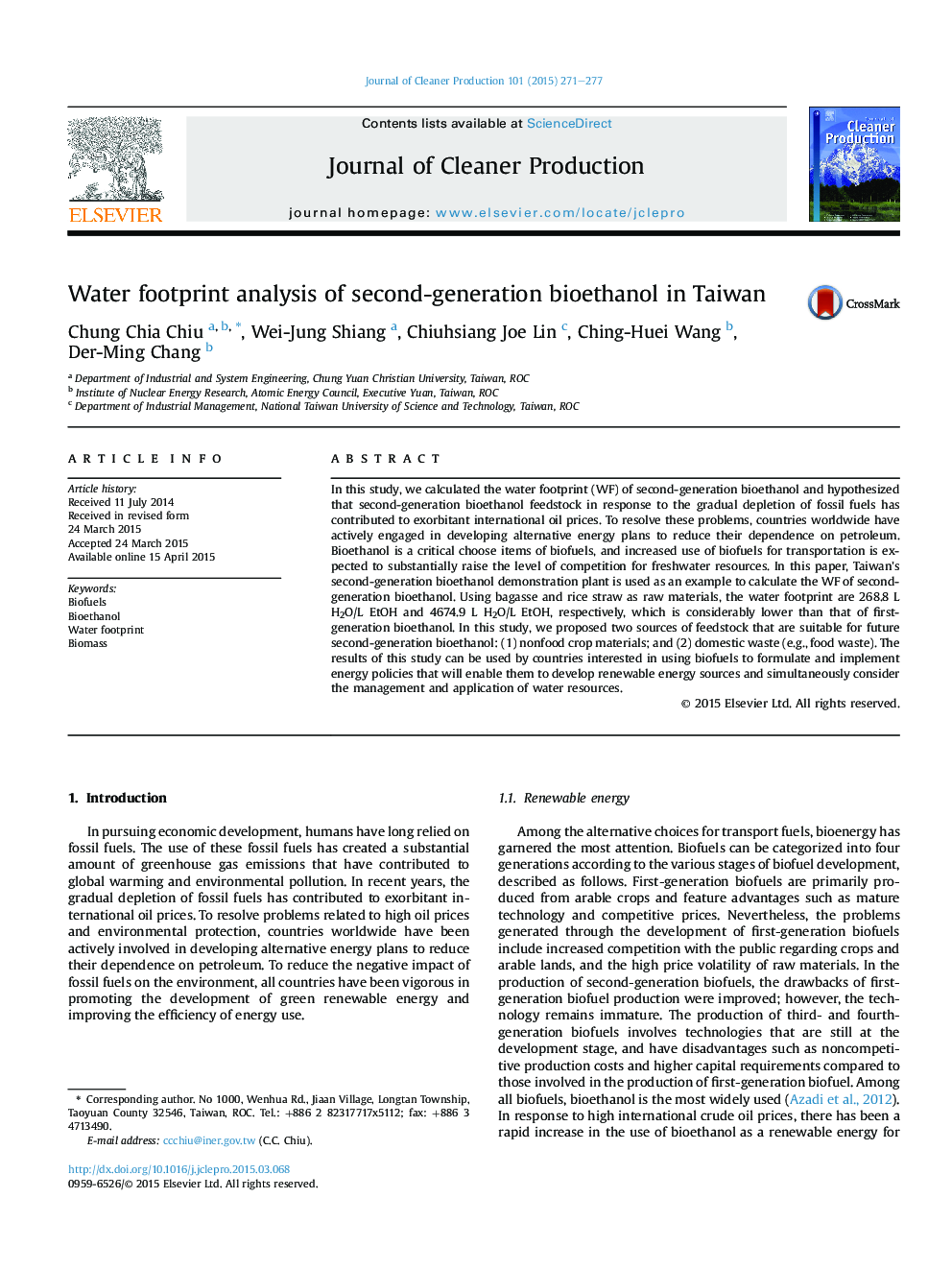 Water footprint analysis of second-generation bioethanol in Taiwan