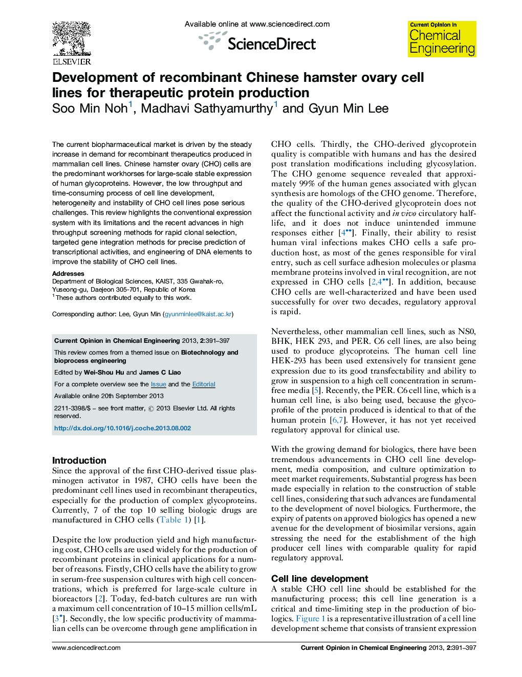 Development of recombinant Chinese hamster ovary cell lines for therapeutic protein production