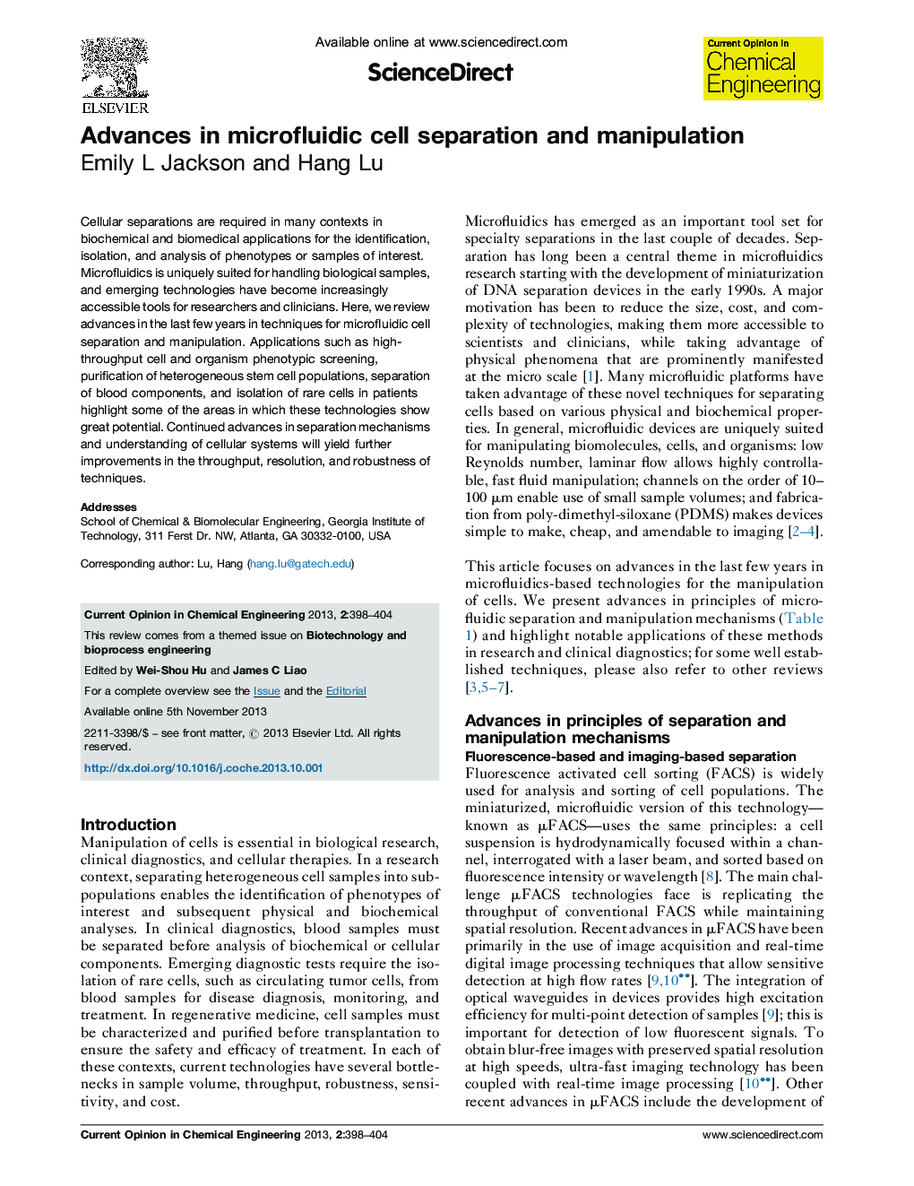 Advances in microfluidic cell separation and manipulation