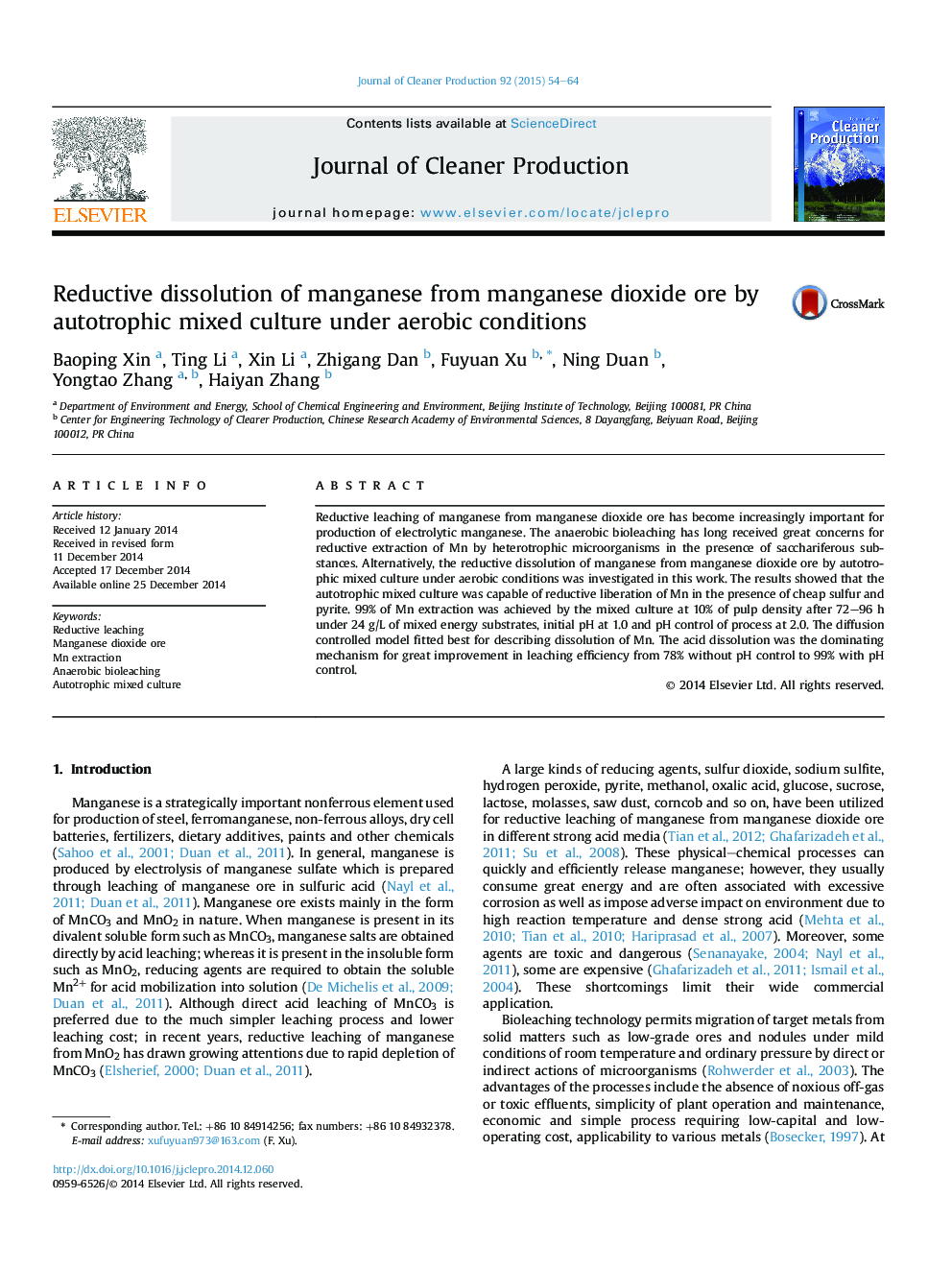 Reductive dissolution of manganese from manganese dioxide ore by autotrophic mixed culture under aerobic conditions