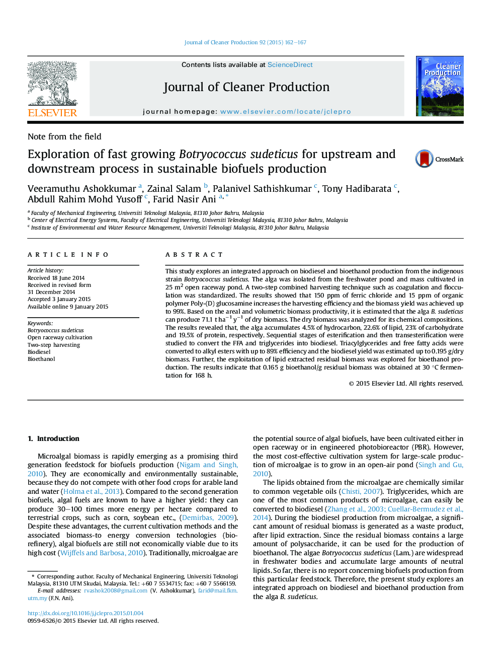 Exploration of fast growing Botryococcus sudeticus for upstream and downstream process in sustainable biofuels production