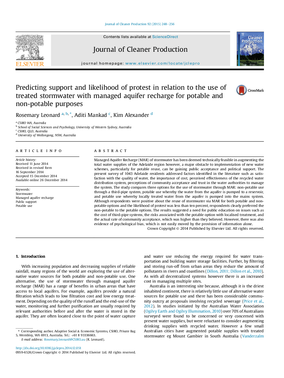 Predicting support and likelihood of protest in relation to the use of treated stormwater with managed aquifer recharge for potable and non-potable purposes