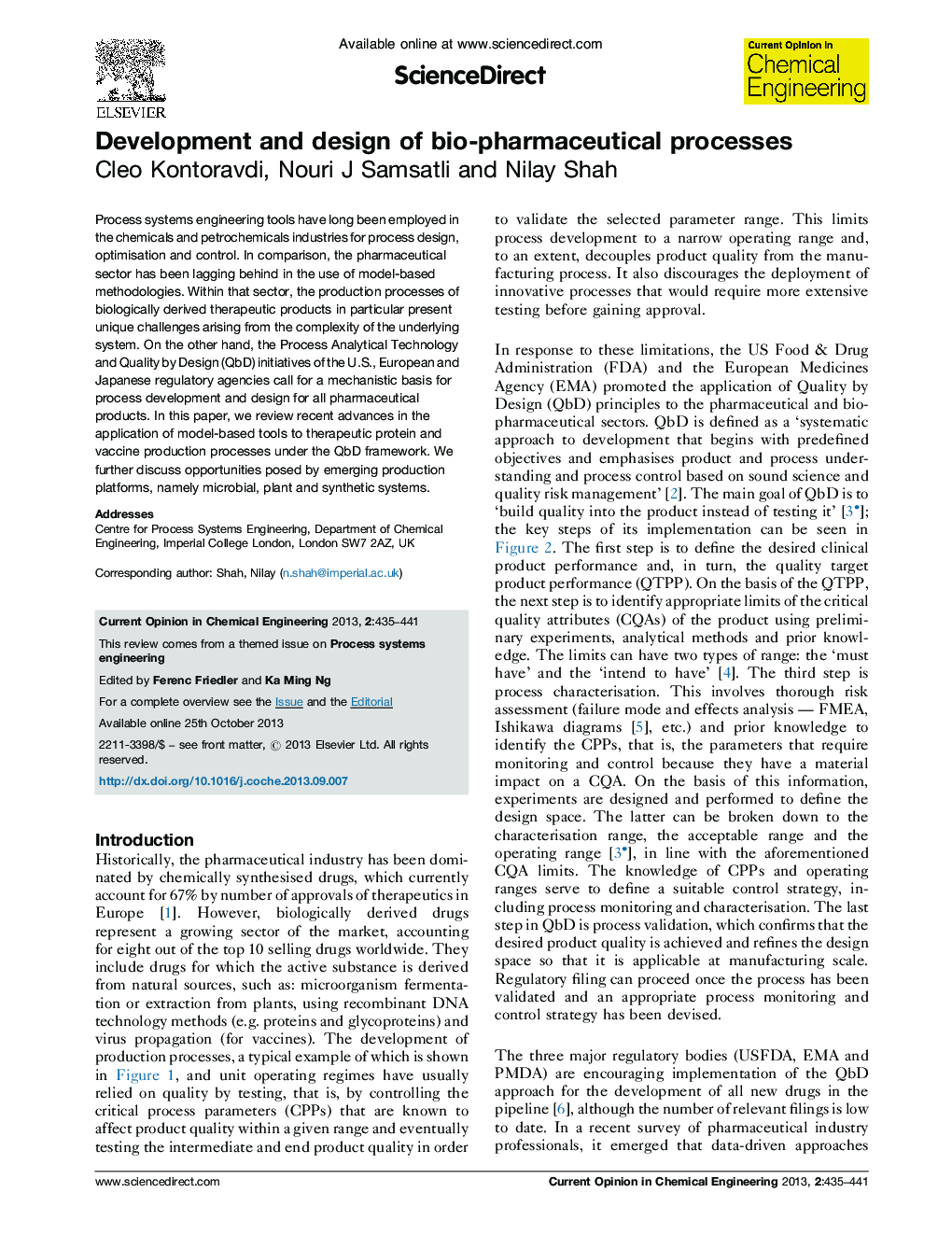 Development and design of bio-pharmaceutical processes