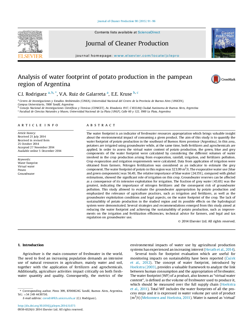 Analysis of water footprint of potato production in the pampean region of Argentina