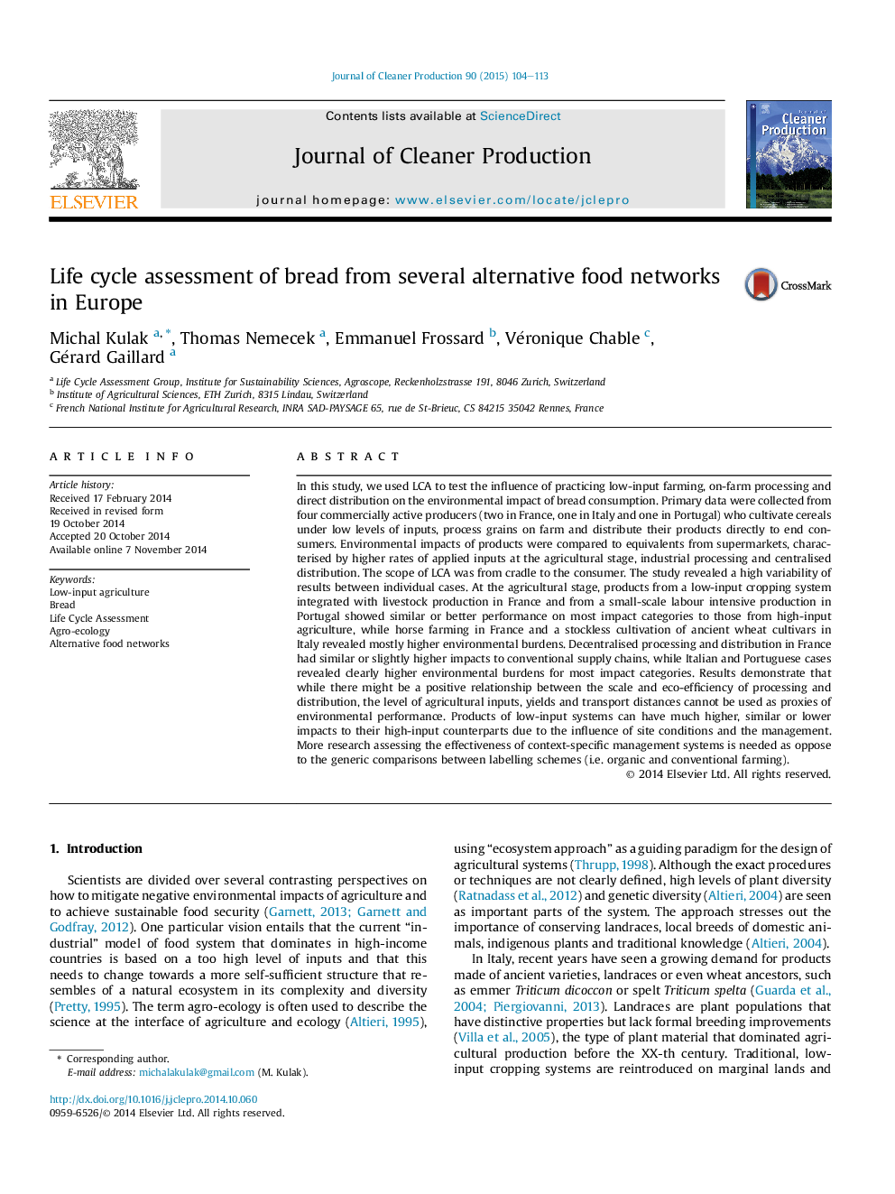 Life cycle assessment of bread from several alternative food networks in Europe