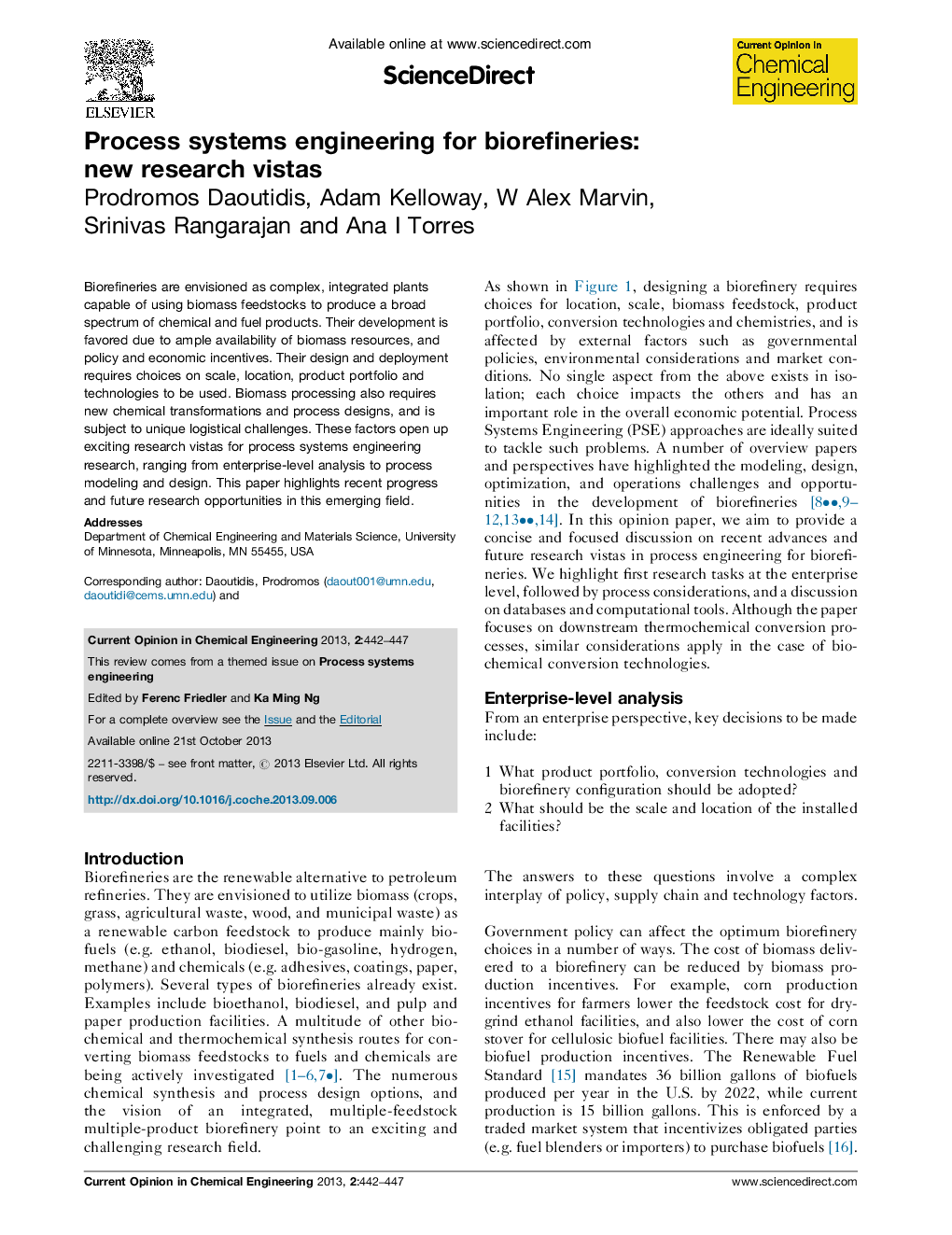Process systems engineering for biorefineries: new research vistas