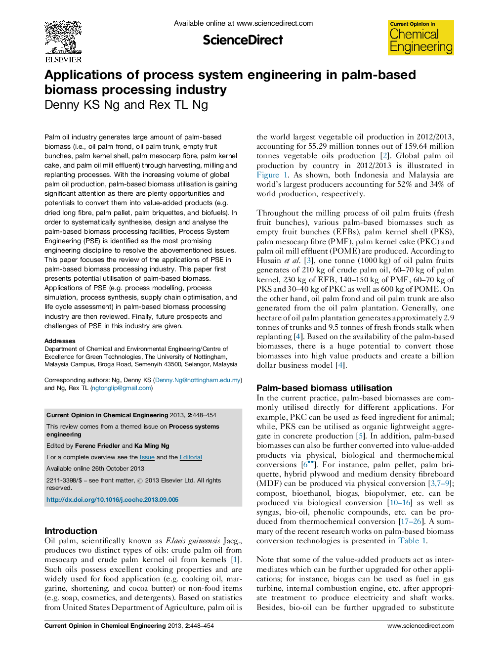 Applications of process system engineering in palm-based biomass processing industry