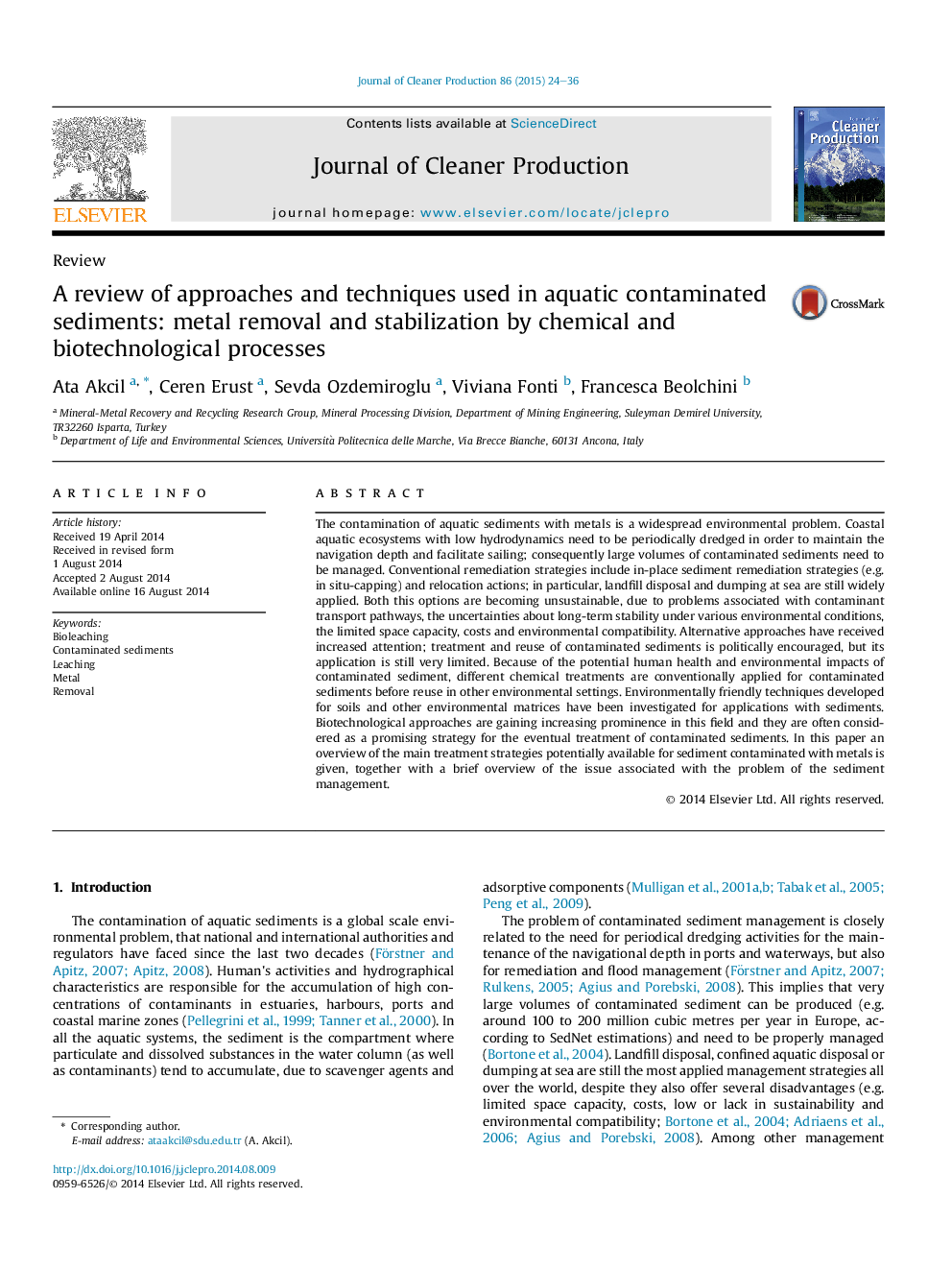 A review of approaches and techniques used in aquatic contaminated sediments: metal removal and stabilization by chemical and biotechnological processes