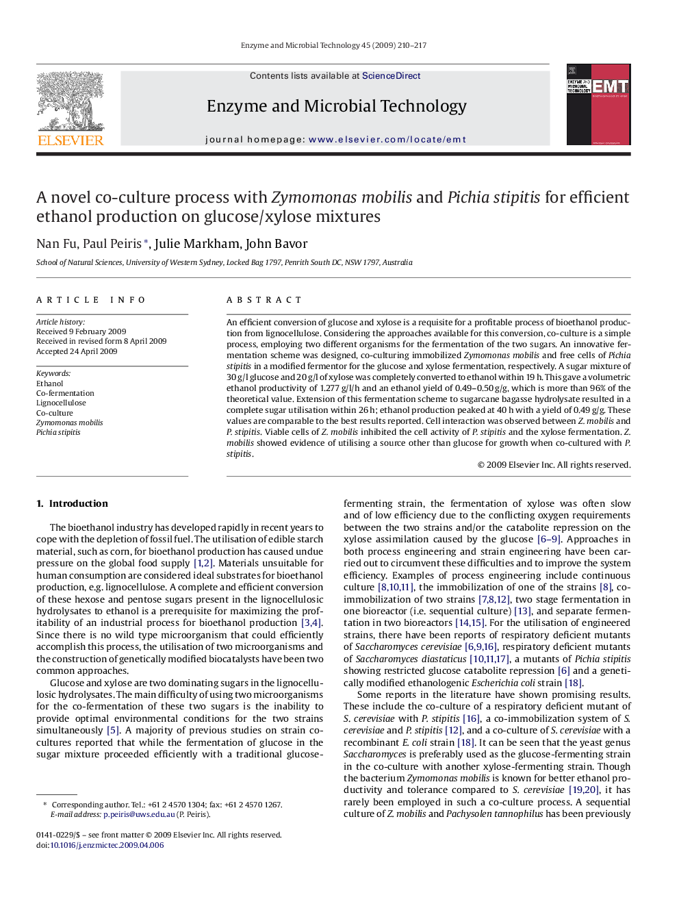 A novel co-culture process with Zymomonas mobilis and Pichia stipitis for efficient ethanol production on glucose/xylose mixtures