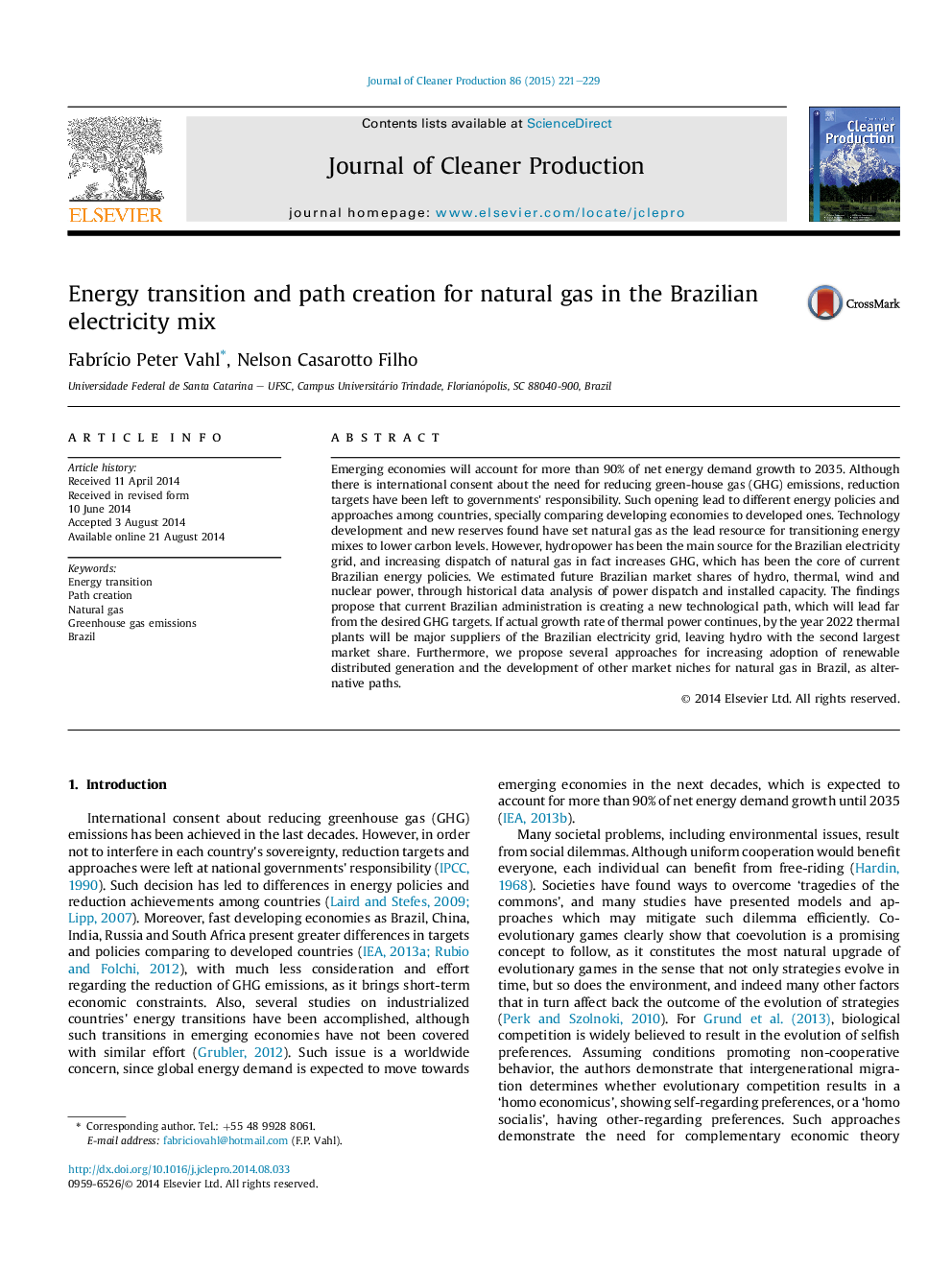 Energy transition and path creation for natural gas in the Brazilian electricity mix