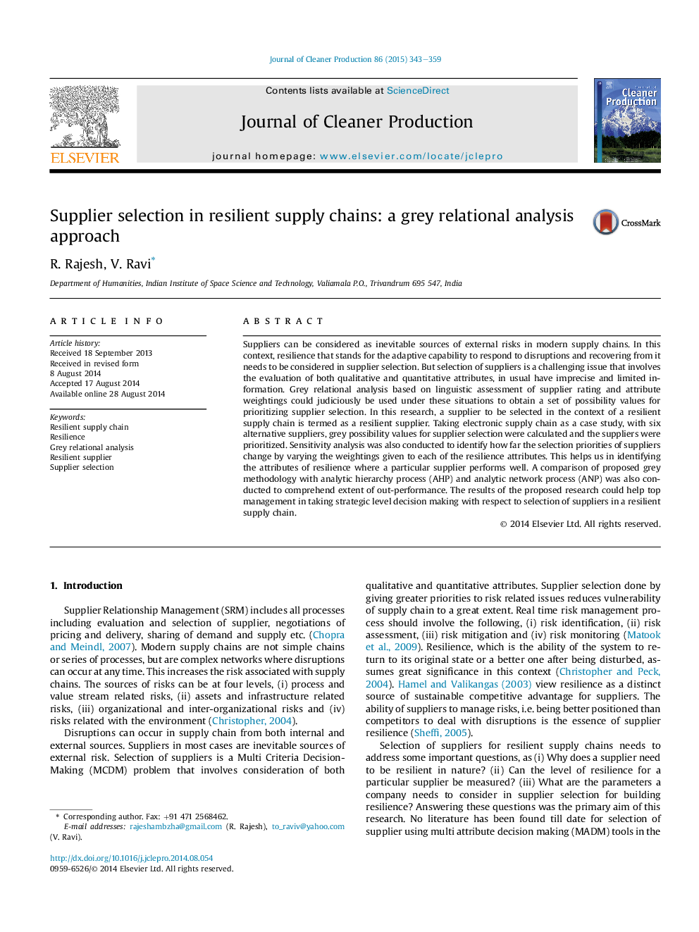 Supplier selection in resilient supply chains: a grey relational analysis approach