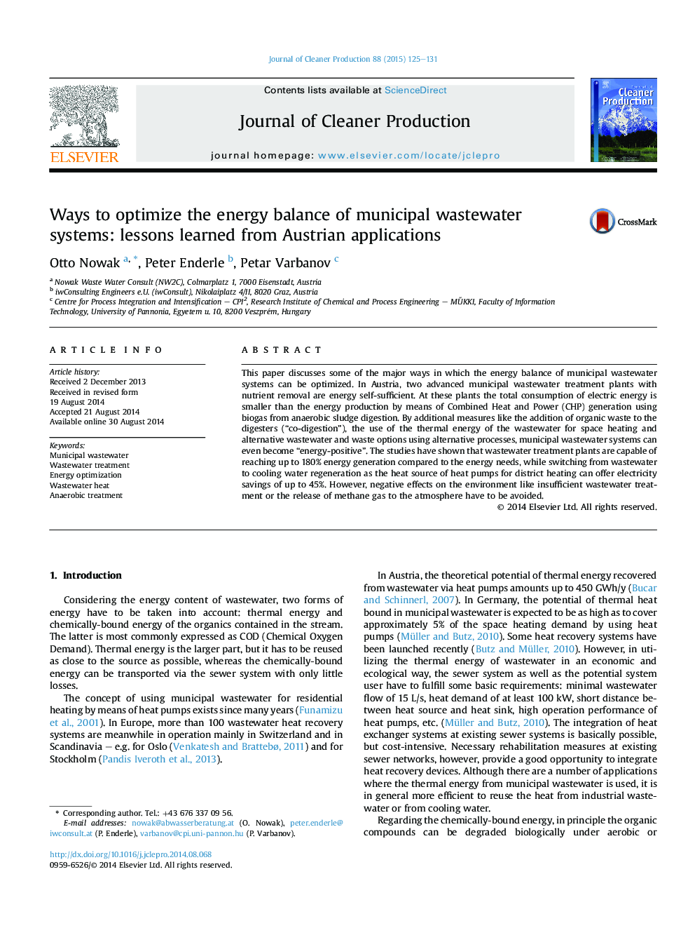 Ways to optimize the energy balance of municipal wastewater systems: lessons learned from Austrian applications