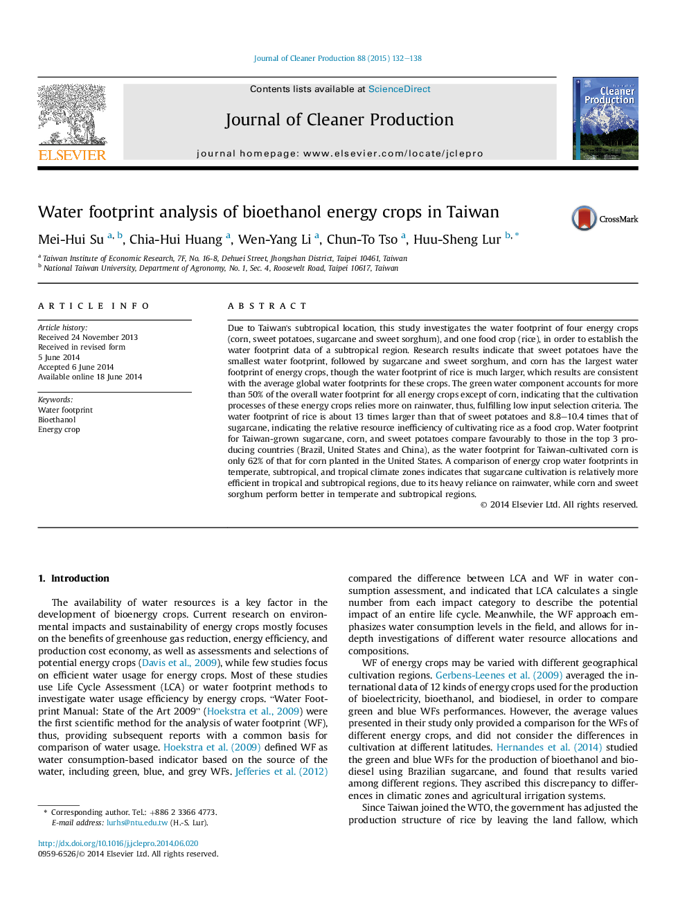 Water footprint analysis of bioethanol energy crops in Taiwan