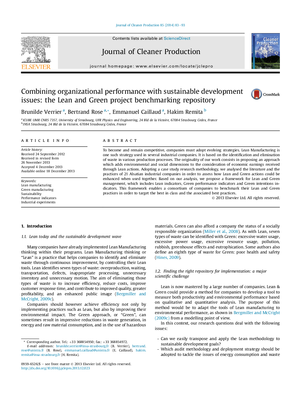 Combining organizational performance with sustainable development issues: the Lean and Green project benchmarking repository