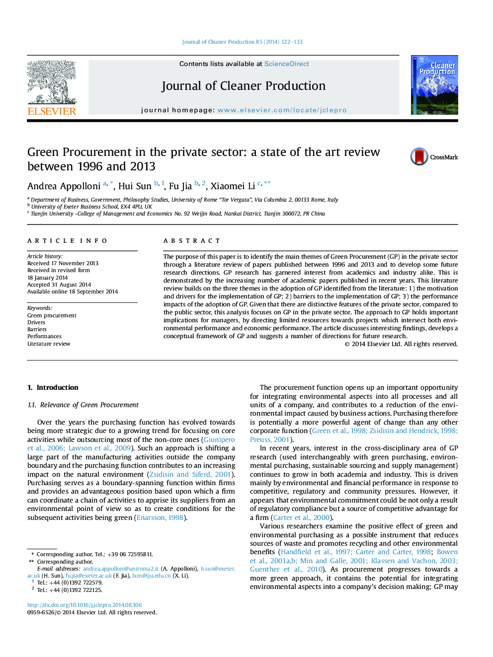 Green Procurement in the private sector: a state of the art review between 1996 and 2013