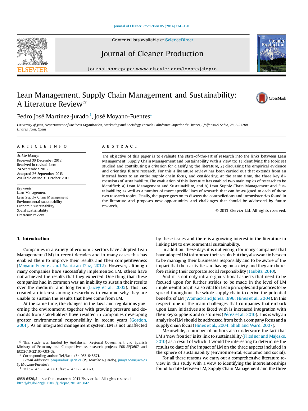 Lean Management, Supply Chain Management and Sustainability: A Literature Review 