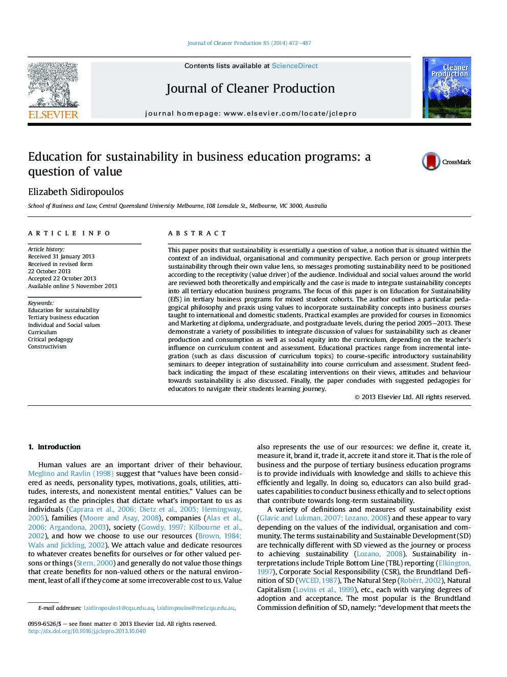 Education for sustainability in business education programs: a question of value