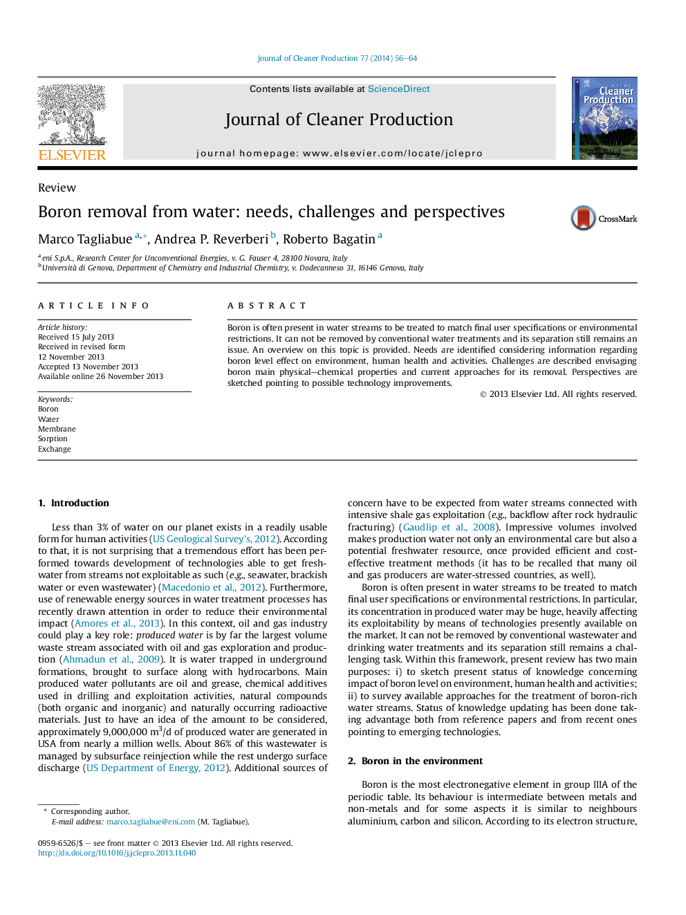 Boron removal from water: needs, challenges and perspectives