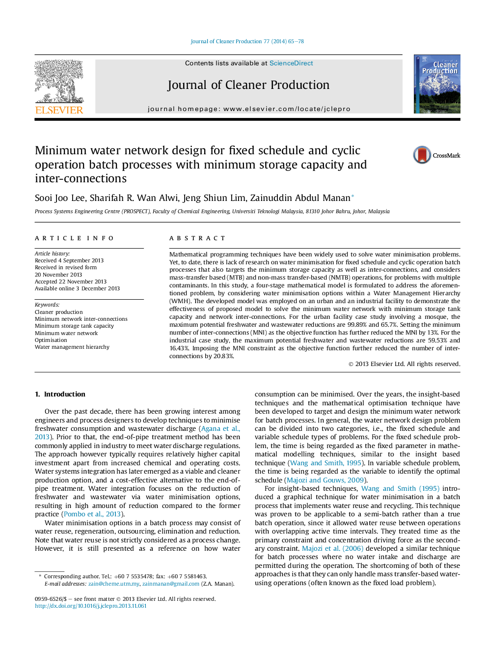 طراحی حداقل شبکه آب برای برنامه های ثابت و عملیات دسته ای عملیاتی چرخه با حداقل ظرفیت ذخیره سازی و اتصالات بین 