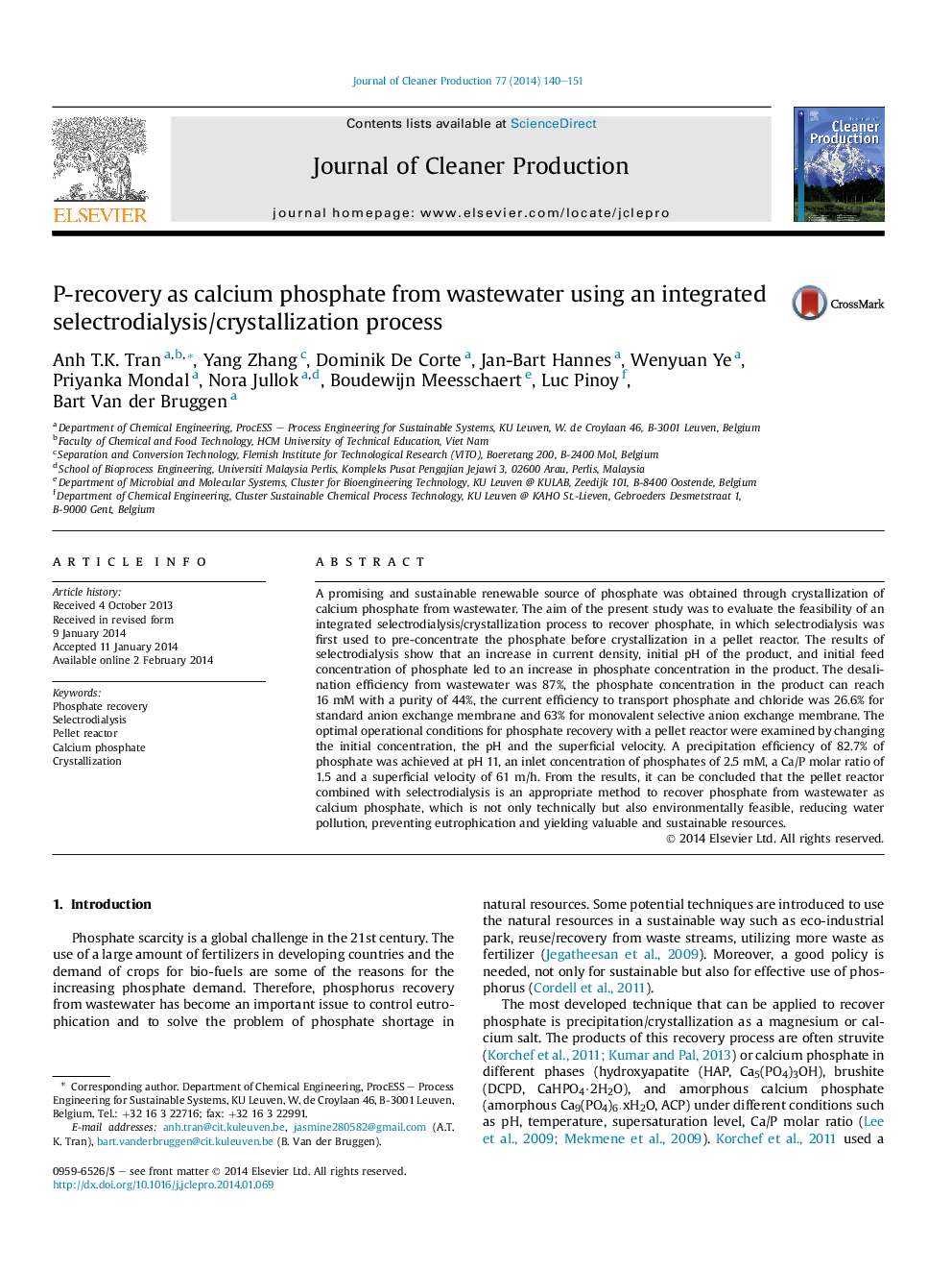 P-recovery as calcium phosphate from wastewater using an integrated selectrodialysis/crystallization process