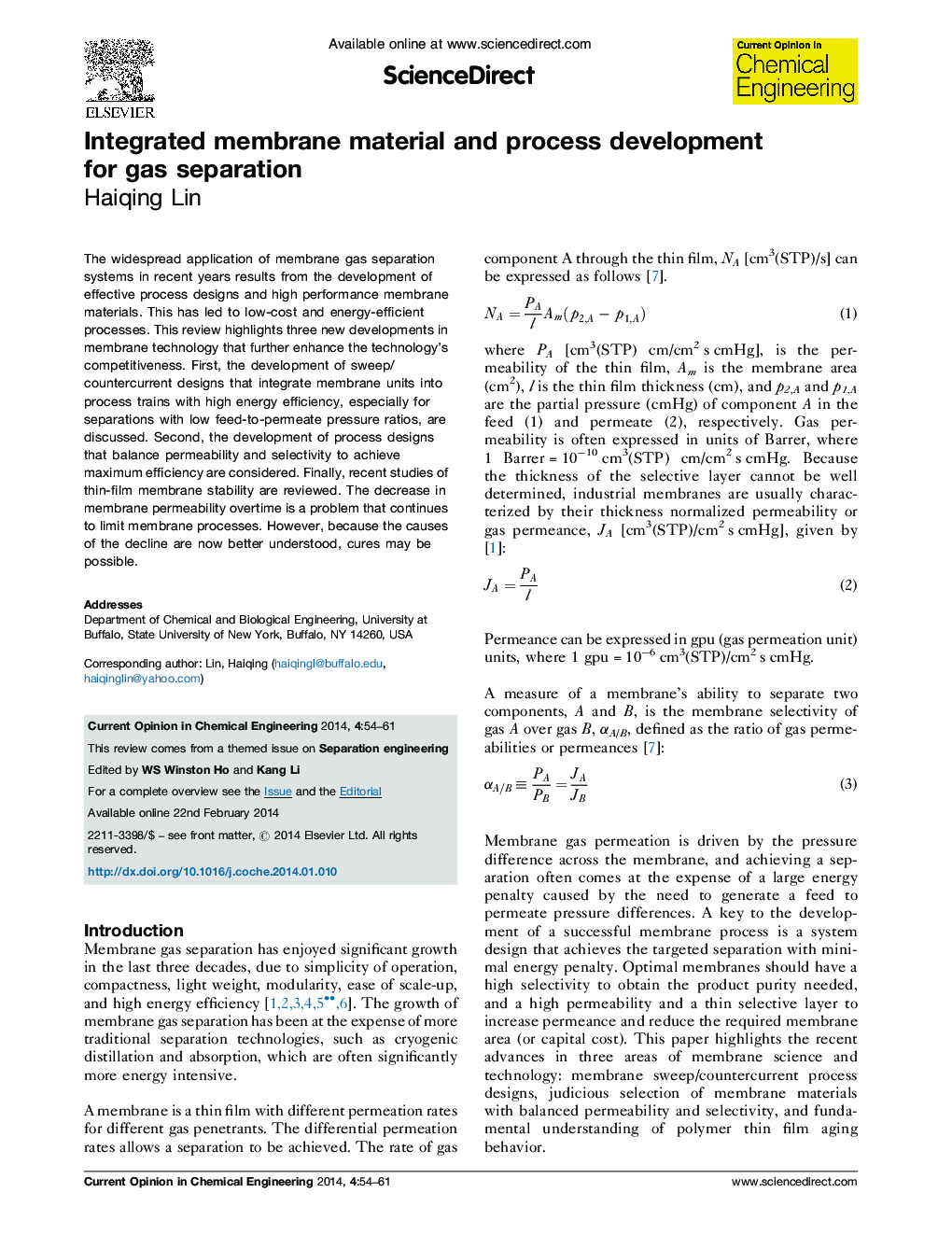 Integrated membrane material and process development for gas separation