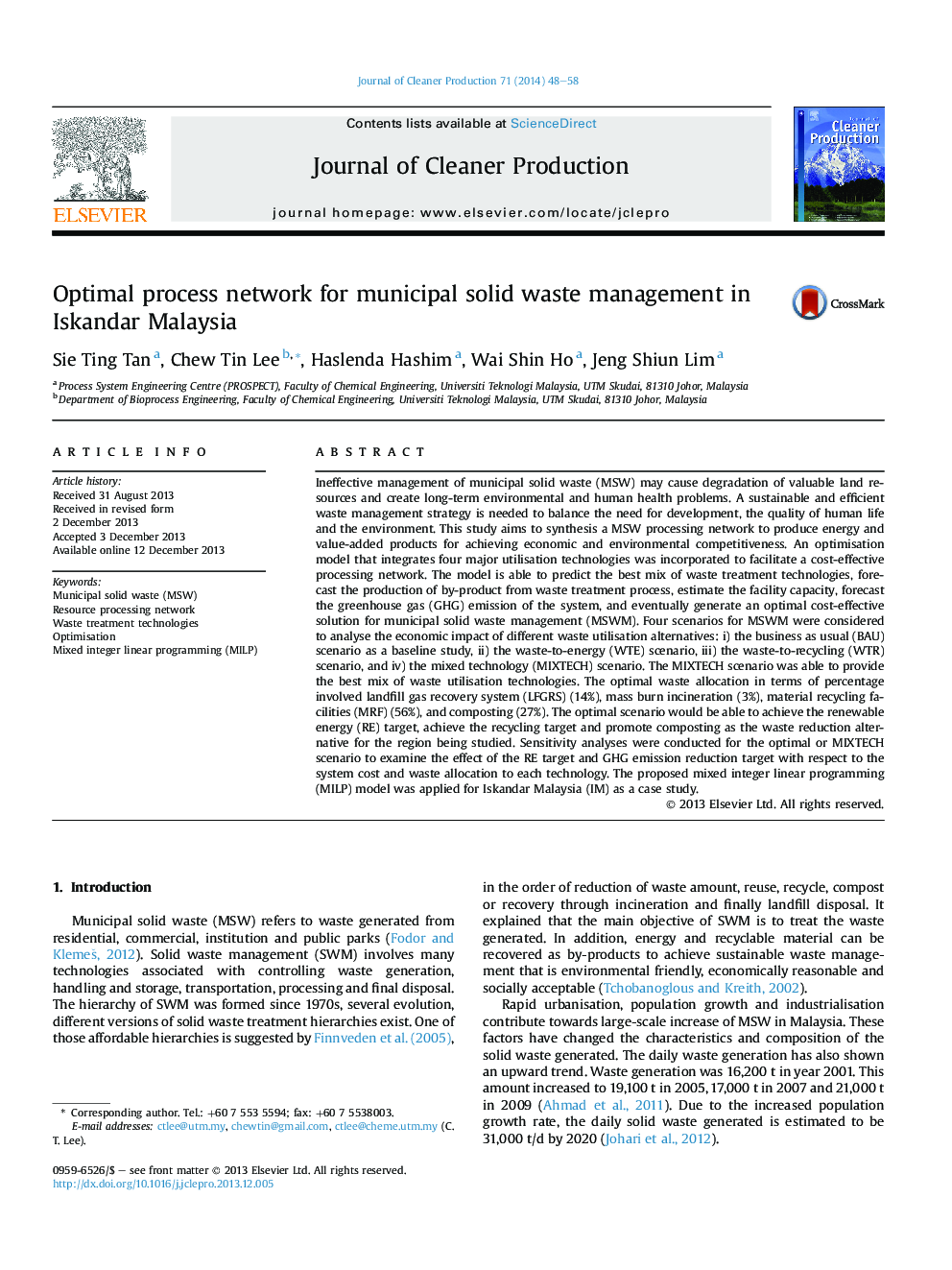 Optimal process network for municipal solid waste management in Iskandar Malaysia