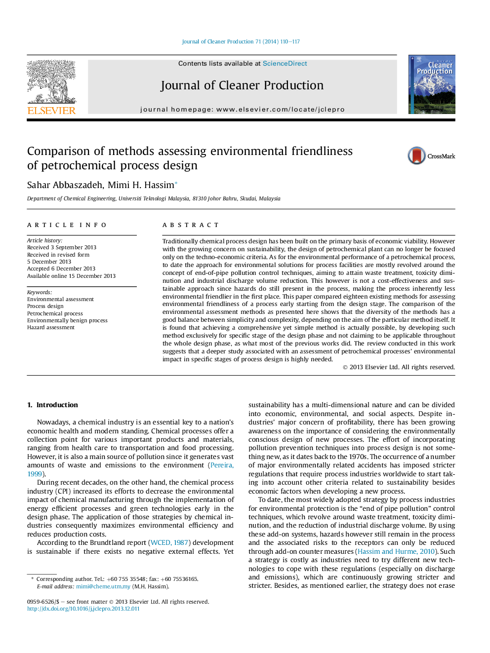 Comparison of methods assessing environmental friendliness of petrochemical process design