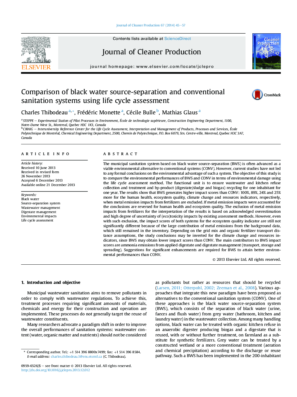 Comparison of black water source-separation and conventional sanitation systems using life cycle assessment