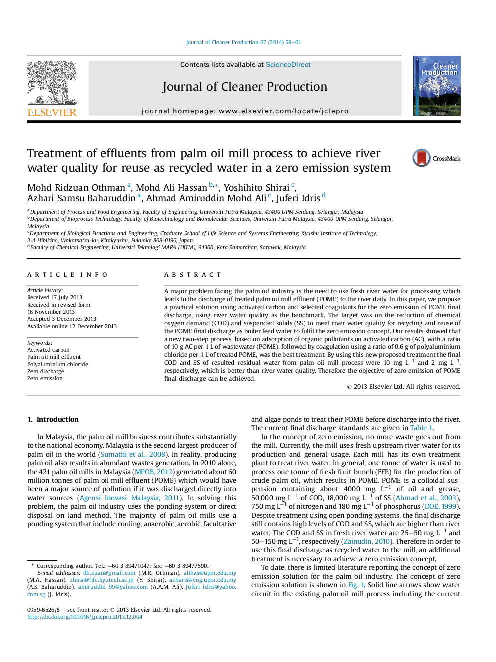 Treatment of effluents from palm oil mill process to achieve river water quality for reuse as recycled water in a zero emission system