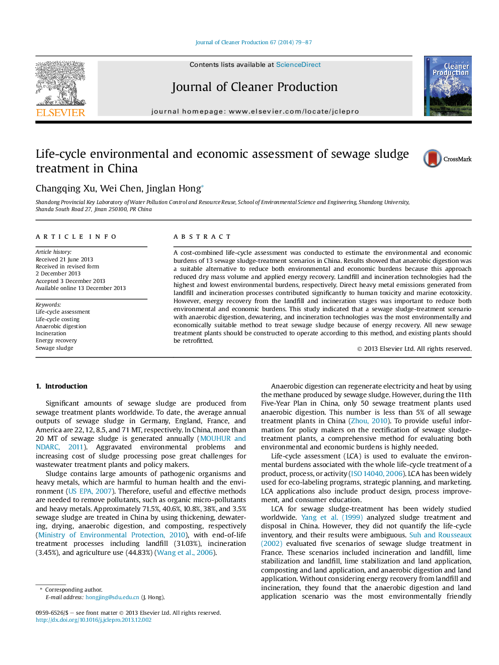 Life-cycle environmental and economic assessment of sewage sludge treatment in China