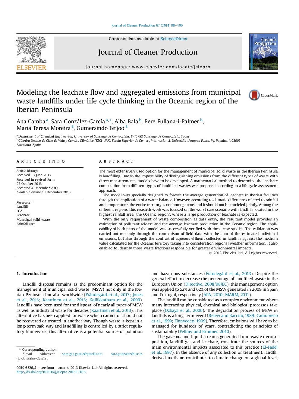 Modeling the leachate flow and aggregated emissions from municipal waste landfills under life cycle thinking in the Oceanic region of the Iberian Peninsula