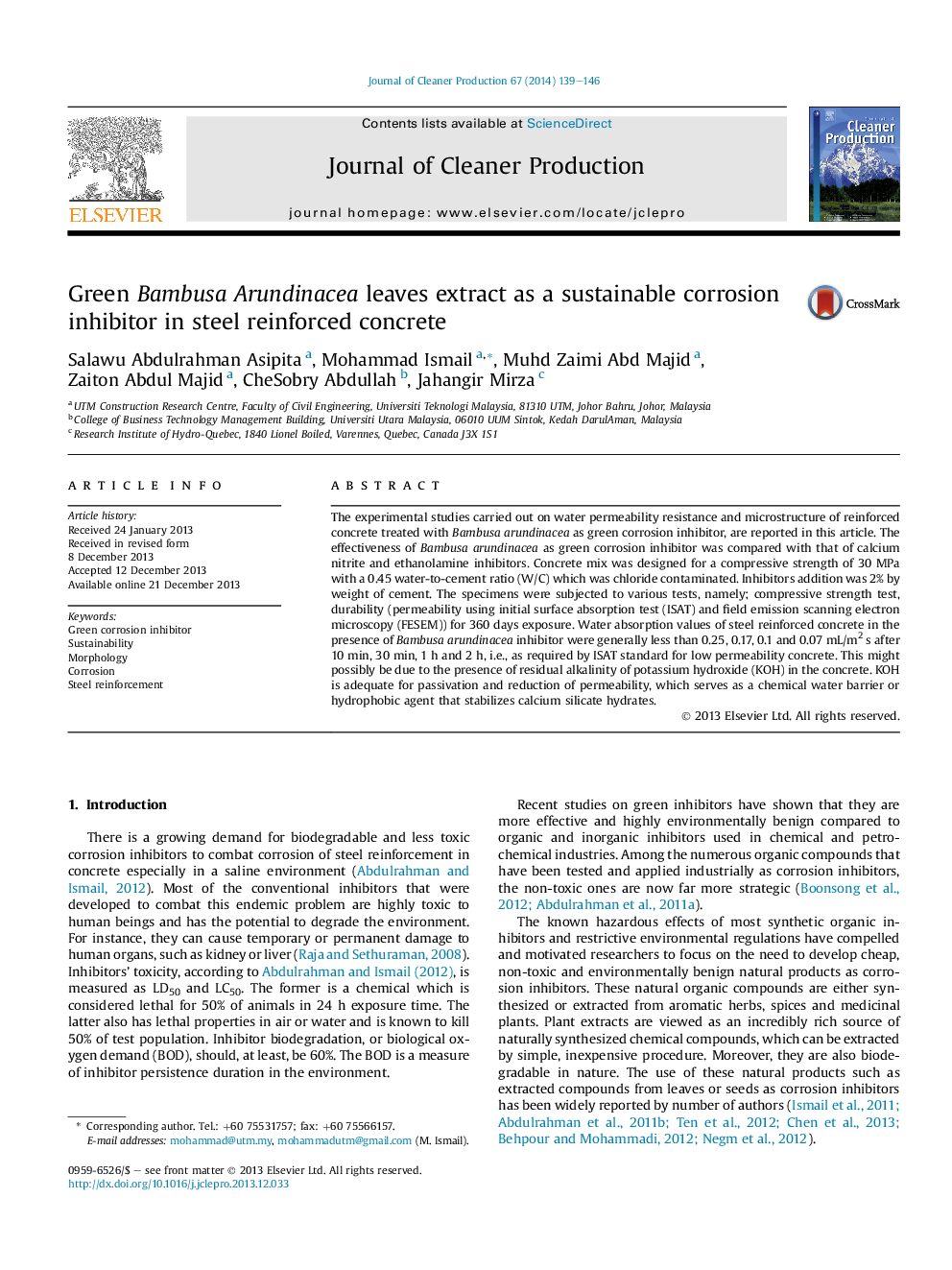 Green Bambusa Arundinacea leaves extract as a sustainable corrosion inhibitor in steel reinforced concrete